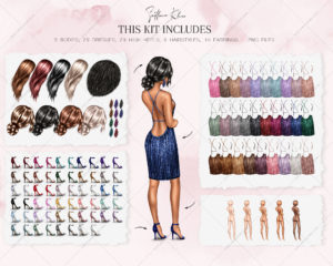Glam Girls Clip Art, Half-Side View, Sparkle Girls PNG