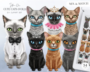 Cute Cats Clip Art Vol 2, Kittens PNG, Elegant Cats