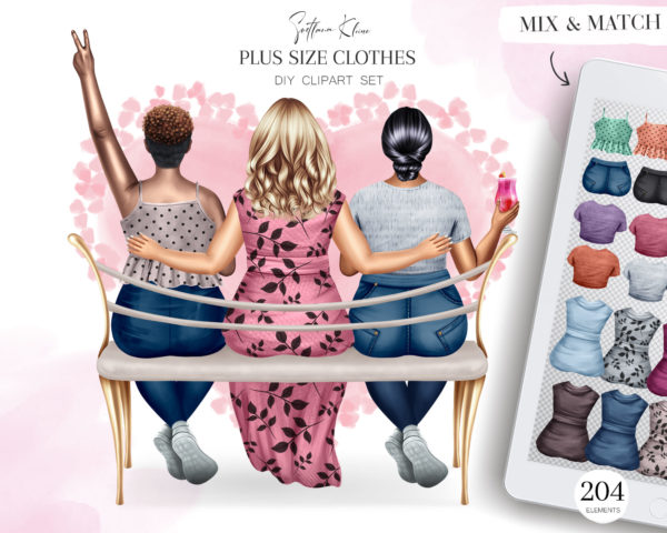 Besties on the Bench Clip Art, Plus Size Clipart, Curvy Girl