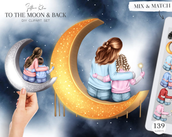 To The Moon and Back Clip Art, Mom and Child Clipart, Moon
