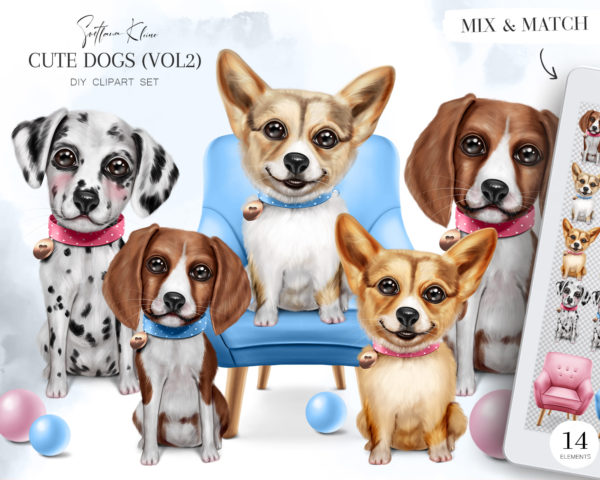 Cute Dogs Clip Art, Corgi, Beagle, Dalmatian PNG