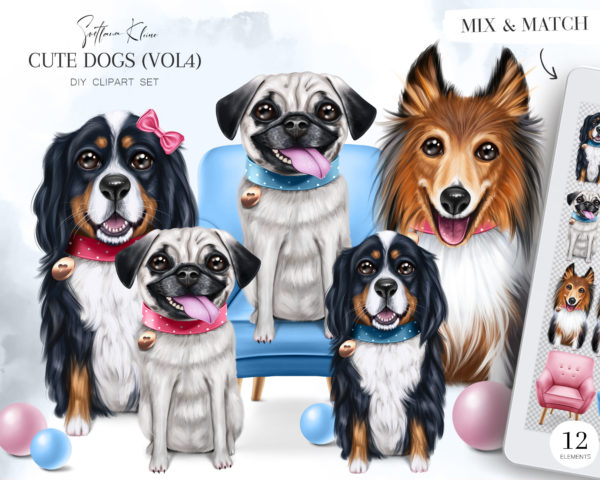Cute Dogs Clip Art, Collie, Pug, St. Bernard PNG