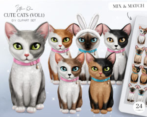 Cute Cats Clip Art Vol 1, Kittens PNG, Double Color Cats