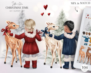 Christmas Time Clip Art, Baby and Fawn PNG, Custom Portrait