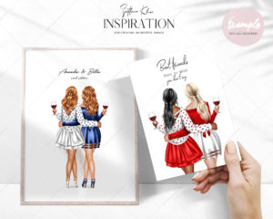 Christmas Girls Clip Art, Besties with Wine, Holiday Woman