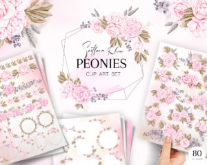 Peonies Clip Art Set, Bouquets, Frames, Borders PNG, Pink