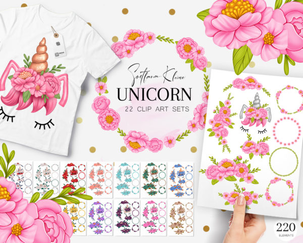 Unicorn Mini-Bundle, 220 Clip Art PNG, Unicorn Head, Flowers