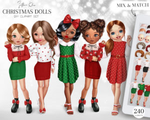 Christmas Dolls Clip Art, Christmas Besties Clipart, Holiday