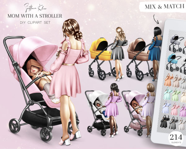 Mom with a Stroller Clip Art, Baby in a Stroller Clipart PNG