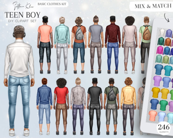 Teen Boys Portrait, Teen Boy Basic Kit Clip Art, Custom PNG
