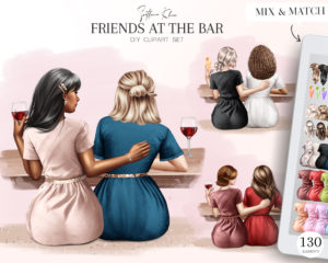 Friends at the Bar Clip Art, Custom Portrait, Besties, Woman