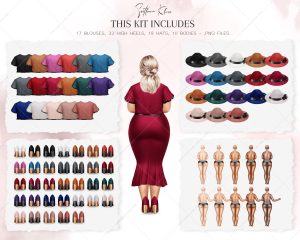 Girls in Hats Clipart, Plus Size Woman, Skirts and Blouses