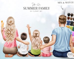 Summer Family Clipart, Sitting Family, Portrait Creator, PNG