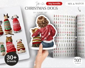 Christmas Dogs Clipart Bundle, Dogs in Sweaters, Dogs Backs