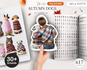 Autumn Dogs Clipart Bundle, Hugs the Dog Clip Art, 30 Breeds
