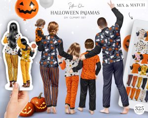 Halloween Family Clipart, Halloween Pajamas, Custom PNG