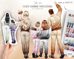 Winter Family Clipart, Cozy Ombre Sweaters Clip Art