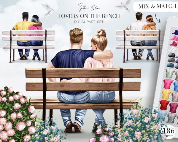 Lovers on the Bench Clipart, Couple PNG