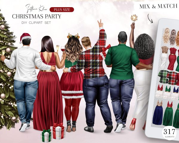 Curvy Christmas Friends Clipart, Plus Size People