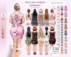 Curvy Woman in Floral Dress Clipart