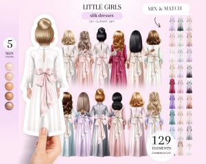 Little Girls in Silk Dresses Clipart
