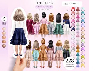 Girls in Skirts and Blouses Clipart