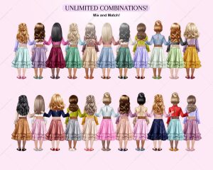 Girls in Skirts and Blouses Clipart