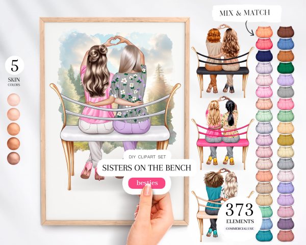 Sisters on the Bench Clipart