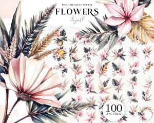 Pink Gold Tropical Flowers Clipart