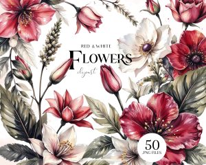 Red and White Elegant Flowers Clipart