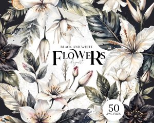 Black and White Floral Clipart Set