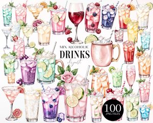 Mixed Alcoholic Drinks Clipart Set