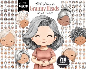 Granny Heads Clipart, Chibi Grandma Granny Heads Clipart, Chibi Grandma
