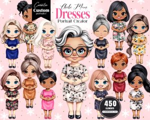 Chibi Mom Clipart, Floral Dresses Portrait Creator Chibi Mom Clipart, Floral Dresses Portrait Creator