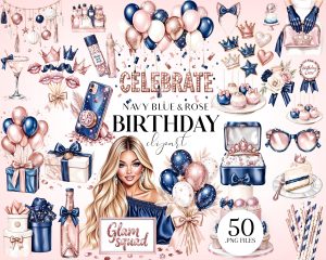 Navy Blue and Rose Gold Birthday Clipart