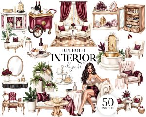 Luxury Burgundy Hotel Interior Clipart