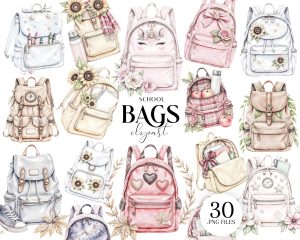 Vintage School Backpack Clipart Set