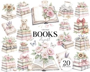 Watercolor Vintage Books Clipart Set