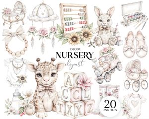 Watercolor Nursery Decor Clipart Set