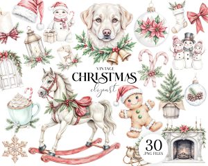 Watercolor Vintage Christmas Clipart Set