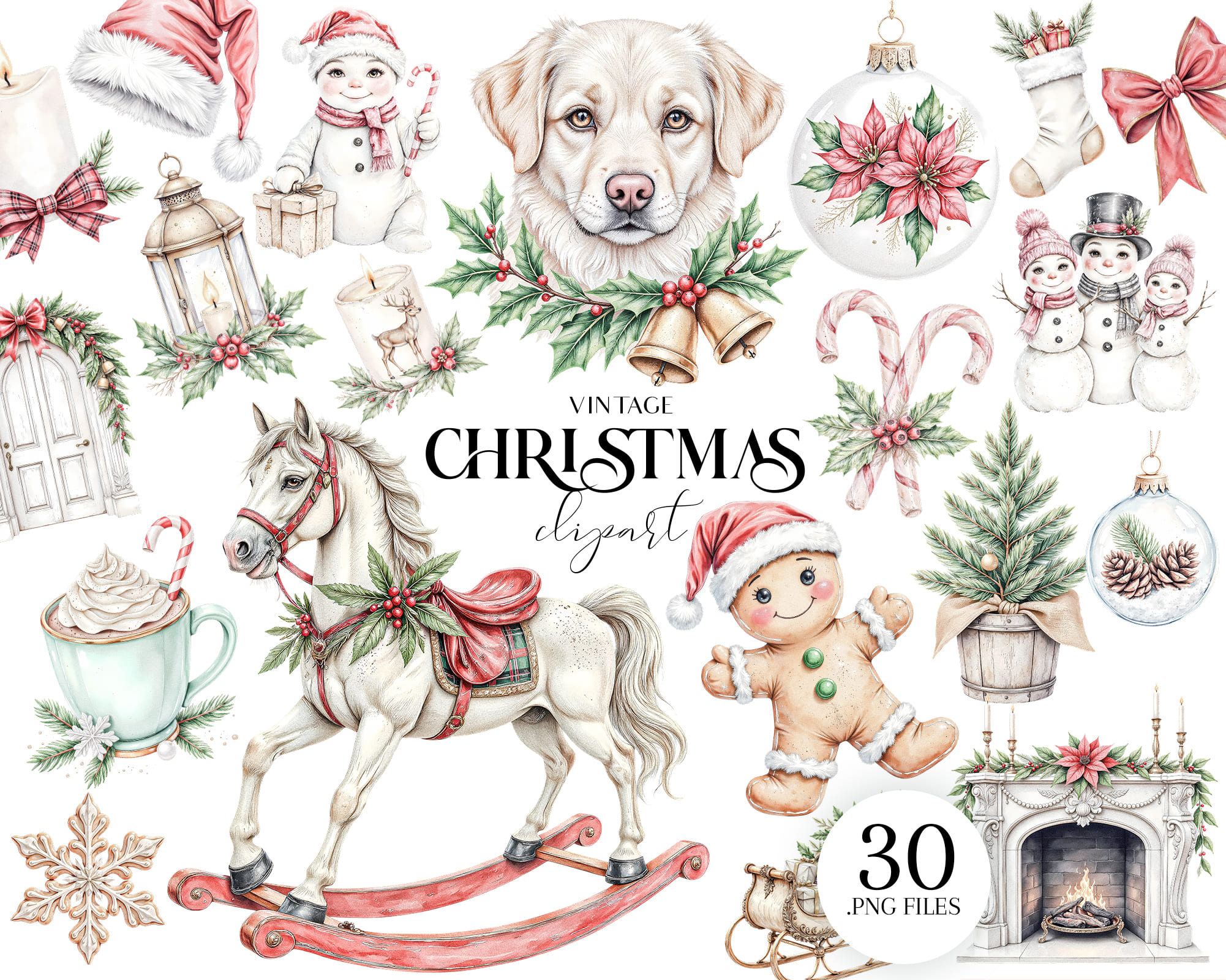 Watercolor Vintage Christmas Clipart Set Watercolor Vintage Christmas Clipart Set