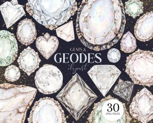 Watercolor Gems & Geodes Clipart Set