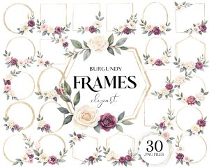 Watercolor Burgundy Floral Frames Clipart