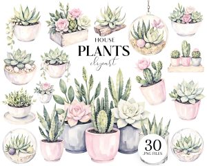 Watercolor Houseplants Clipart Set