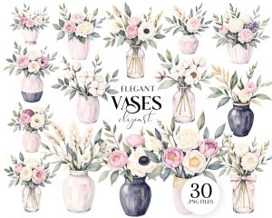 Watercolor Elegant Vases Clipart Set