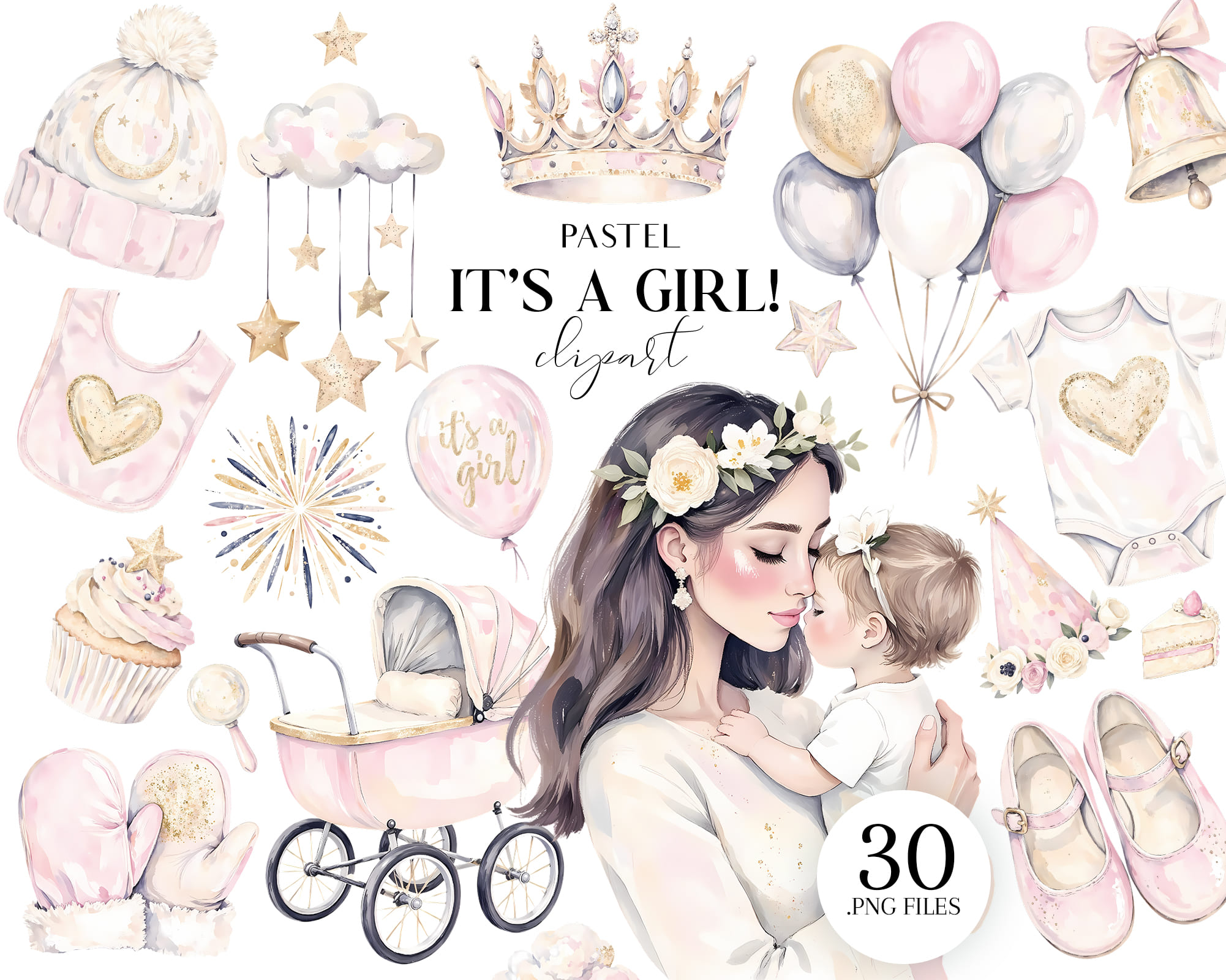 Watercolor It’s a Girl Clipart Set Watercolor It’s a Girl Clipart Set