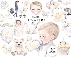 Watercolor It’s a Boy Clipart Set