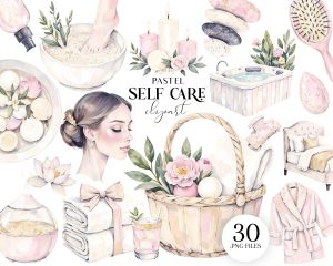Watercolor Self Care Clipart Set
