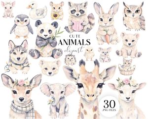 Watercolor Cute Animals Clipart Set Watercolor Cute Animals Clipart Set